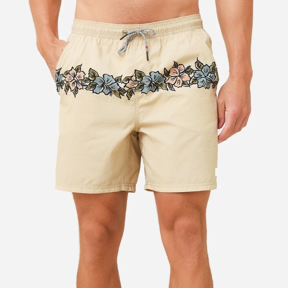 Katin Men’s Vine Volley Khaki Hawaiian Floral Print Board Trunk Swim Shorts L